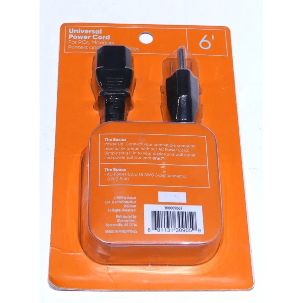Onn‎ Universal Power Cord 6 ft for PCs, Monitors, Printers, Devices